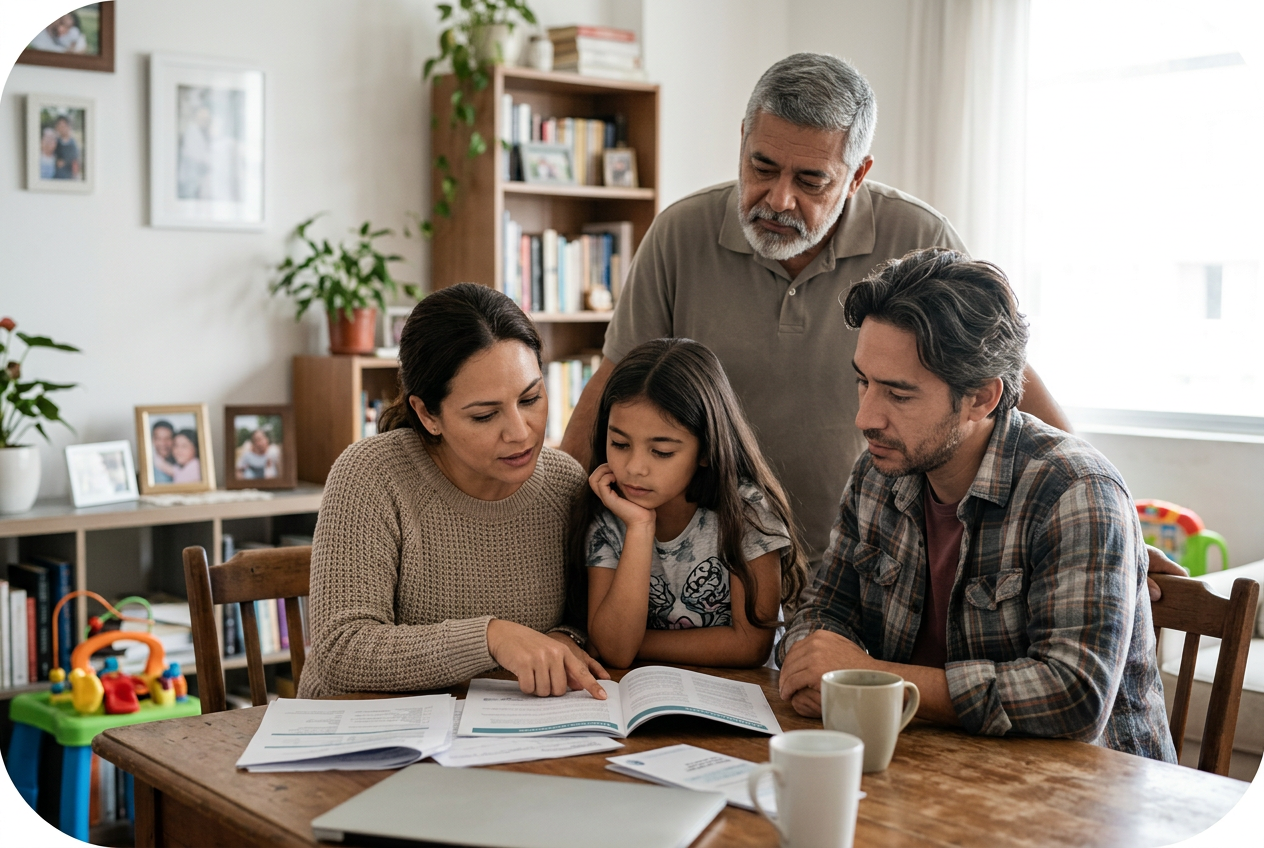 Family smiling at home - diverse representation